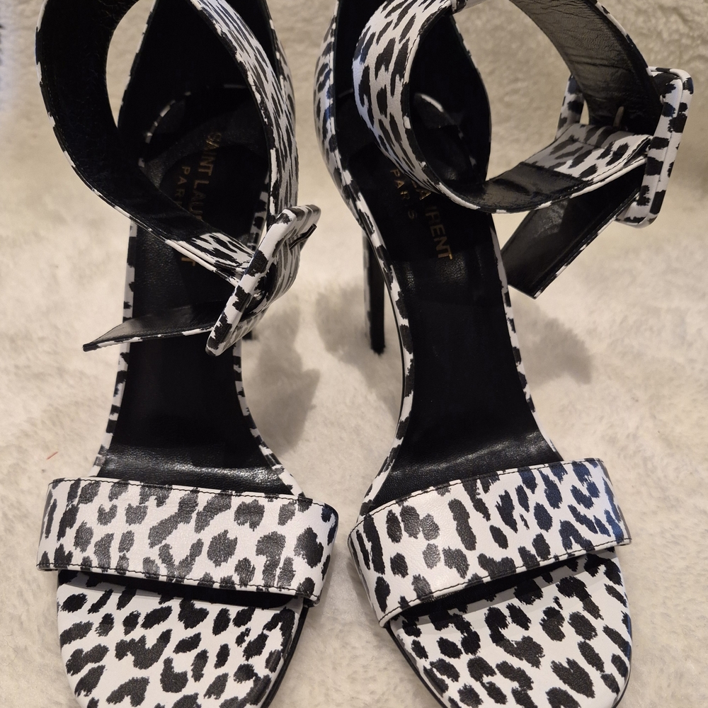 Saint Laurent Black and White Leopard Print Heels